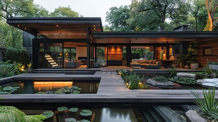 Modern home with a pond and deck.