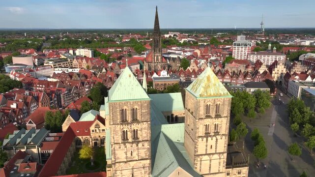 City of Muenster, Germany, Aerial Shot of St. Paulus Dom in Evening. Munster in North Rhine Westphalia, NRW, Germany.
