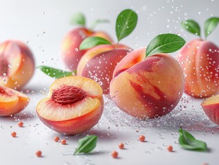 Peach with green leaves on a white background