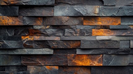 A high-definition image of a slate stone wall, showcasing its layered texture and rich color variations.