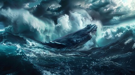 A massive whale swimming in turbulent seas