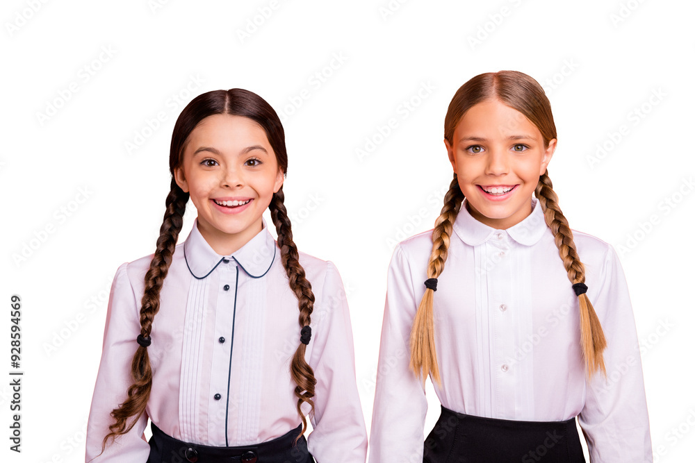 Canvas Prints Close-up portrait of nice-looking attractive lovely sweet cheerful cheery pre-teen girls isolated over bright vivid shine orange background