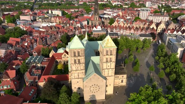 City of Muenster, Germany, Aerial Shot of St. Paulus Dom in Evening. Munster in North Rhine Westphalia, NRW, Germany.
