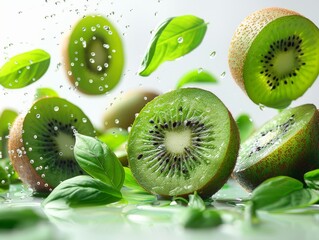 Kiwi with half slices falling or floating in the air with green leaves