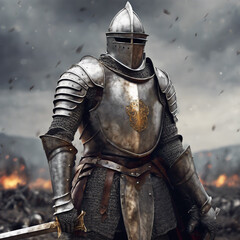 Fototapeta premium Experience the elegance of this armored knight figure. Made from high-quality materials, it showcases exceptional craftsmanship and is perfect for display in any home or office setting.