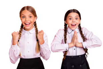 Portrait of two person nice attractive charming cute winsome cheerful cheery ecstatic excited funny pre-teen girls great news gift present surprise isolated over bright vivid shine orange background