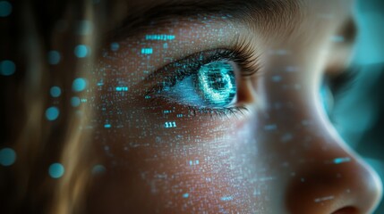 Close-up of a child's face, with an emphasis on the eyes, which reflect digital elements of numbers and codes. Concept of integrating technology into human perception