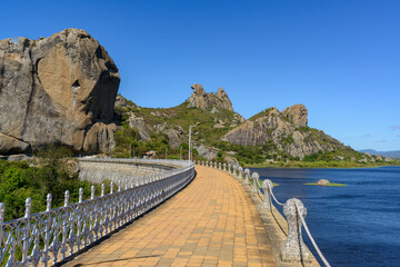Cedar Reservoir and Galinha Choca Rock in Quixadá, State of Ceará, Brazil.