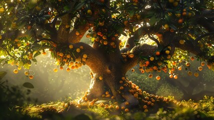 A majestic Tree of Knowledge with forbidden fruit hanging from its branches