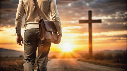 Missionary man with suitcase on his back walking through the field at sunset taking the Word of God