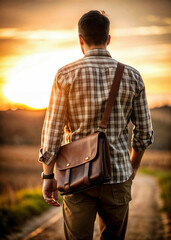 Missionary man with suitcase on his back walking through the field at sunset taking the Word of God