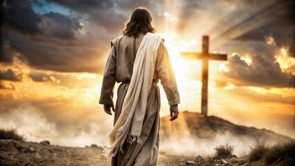Jesus Christ dressed in a white robe walks towards a cross with sun rays effect
