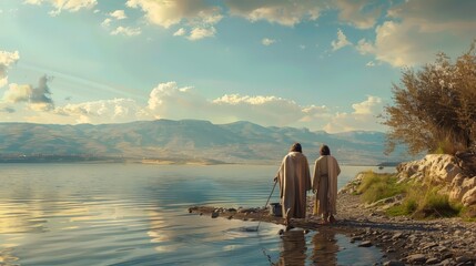 Jesus calling his first disciples, Peter and Andrew, as they are fishing by the Sea of Galilee