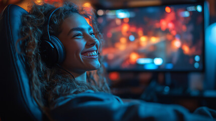 A gamer leaning back in their chair, smiling, headset on, as they celebrate a victory with their remote teammates, with the game screen showing the winning scene, with copy space