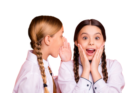 Close-up portrait of nice attractive lovely winsome charming sweet cheerful cheery positive pre-teen girls amazed stunned wondered sharing news isolated over bright vivid shine orange background - Powered by Adobe