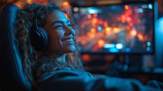 A gamer leaning back in their chair, smiling, headset on, as they celebrate a victory with their remote teammates, with the game screen showing the winning scene, with copy space