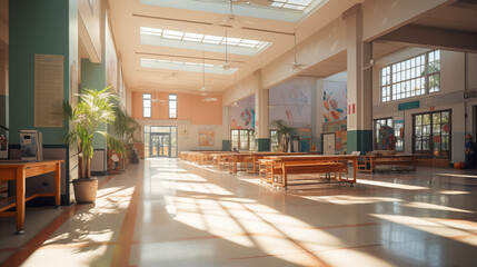 Bright And Open School Cafeteria With Benches And Tables Bathed In Natural Light Through Skylights Creating A Welcoming And Calm Dining Environment