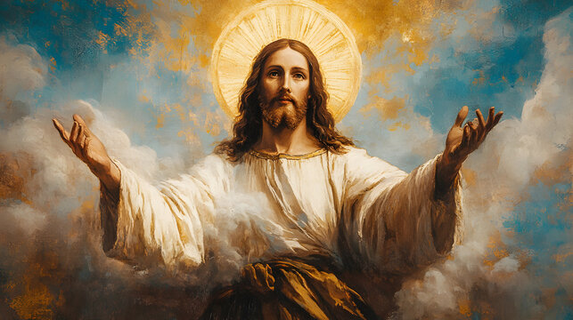 A landscape of Christ with a halo and open arms in a welcoming gesture