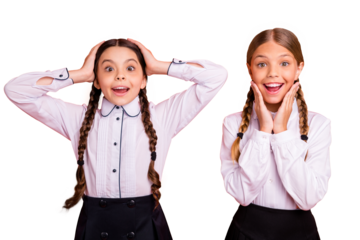 Portrait of nice attractive lovely winsome charming sweet cheerful cheery excited positive astonished pre-teen girls isolated over bright vivid shine orange background