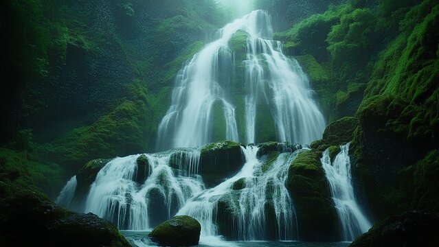 Serene Waterfall in Lush Green Forest