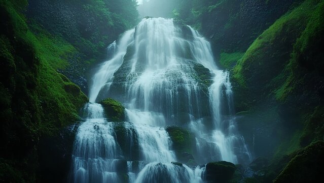 Serene Waterfall in Lush Green Forest