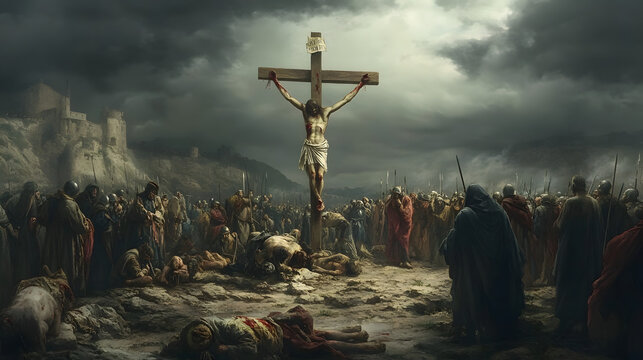 A view of Christ being crucified on the hill of Golgotha ​​and the crowd gathered there