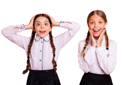 Portrait of nice attractive lovely winsome charming sweet cheerful cheery excited positive astonished pre-teen girls isolated over bright vivid shine orange background