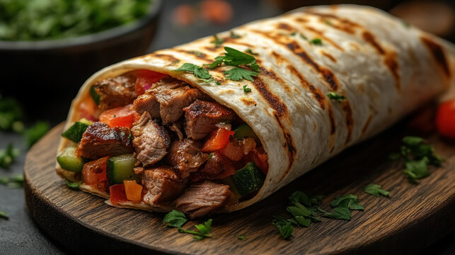 grilled beef shawarma wrap with fresh vegetables and herbs