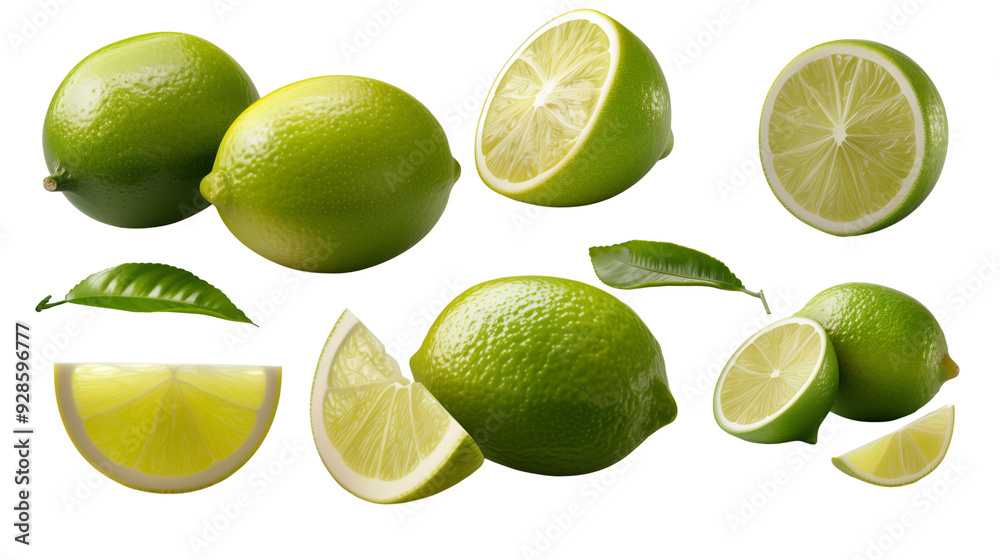 Wall mural real fresh lime isolated on transparent background in various angles and positions