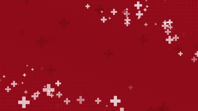 White plus symbols of different sizes and opacity on red background. Abstract pattern of medical cross. Loop motion graphic. Copy space.