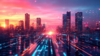 Obraz premium Futuristic Cityscape at Sunset with Glowing Lights and Skyscrapers in a Vibrant Digital Landscape