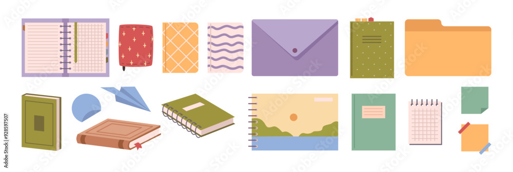 Poster fundamental school supplies. vector isolated composition and spiral bound notebooks and drawing albu