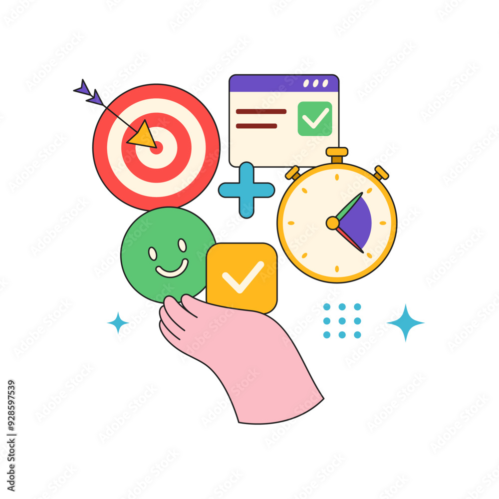 Aufkleber Productivity and efficiency tools and instruments, isolated target and arrow. Vector flat cartoon hand with timer or clock, calendar with appointments. Workflow organization