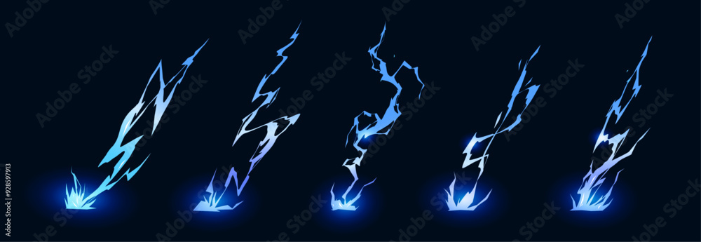 Poster thunderbolts hitting ground, isolated set of lightning sticking or attacking. vector isolated set of