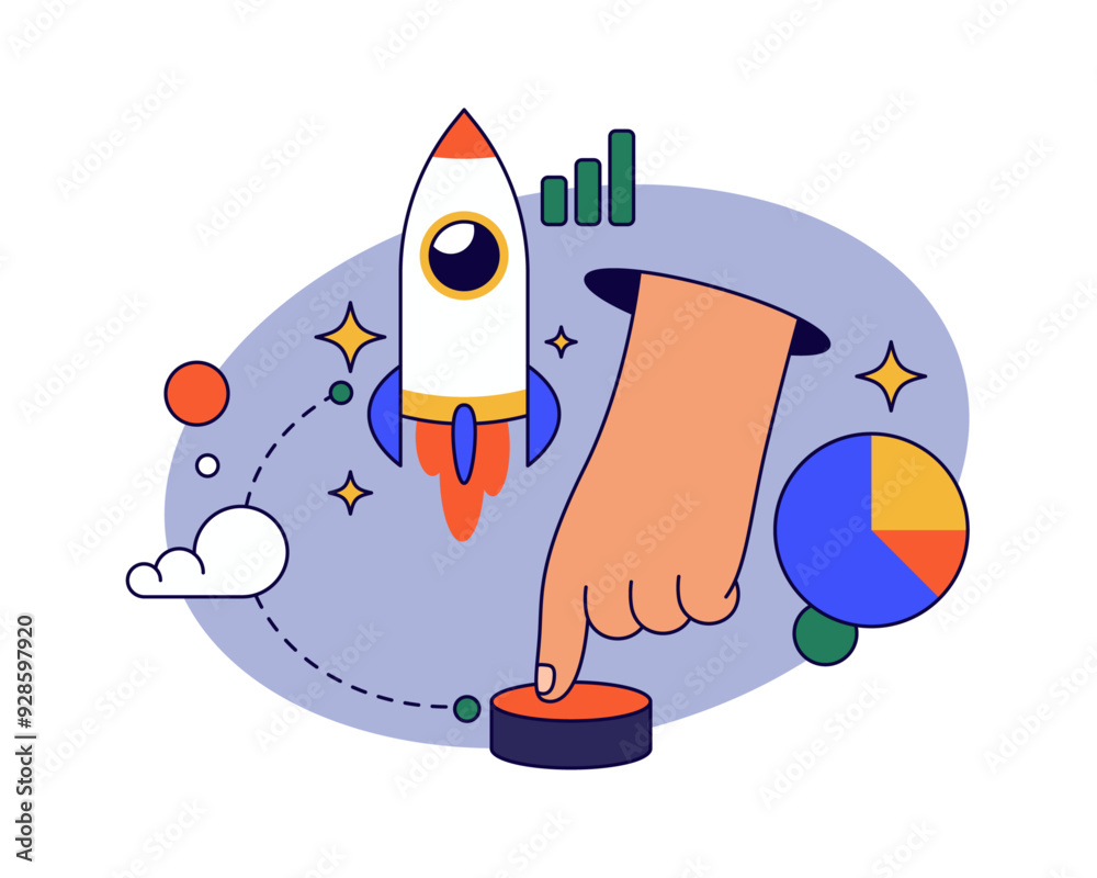 Poster Starting new project or organization, business startup development and deployment. Vector flat hand pressing button to initiate rocket launching. Entrepreneurship and leadership