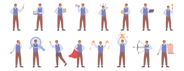 Male character at work, isolated employee or boss at job. Vector man superhero, personage with megaphone and laptop working on business project. Searching for idea and creative thoughts