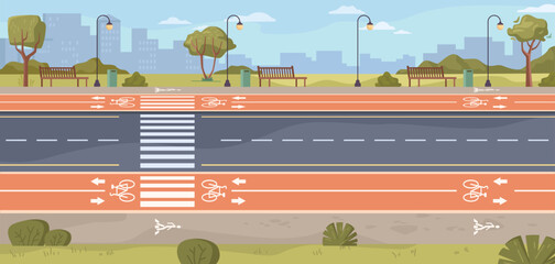 Bike walking path, cyclist traffic or road rules flat cartoon vector illustration. Cyclists use route, cycling bike rider. Biking man and active rest, pedestrian way and people