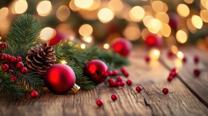 A close up of a christmas tree with decorations and pine cones, AI