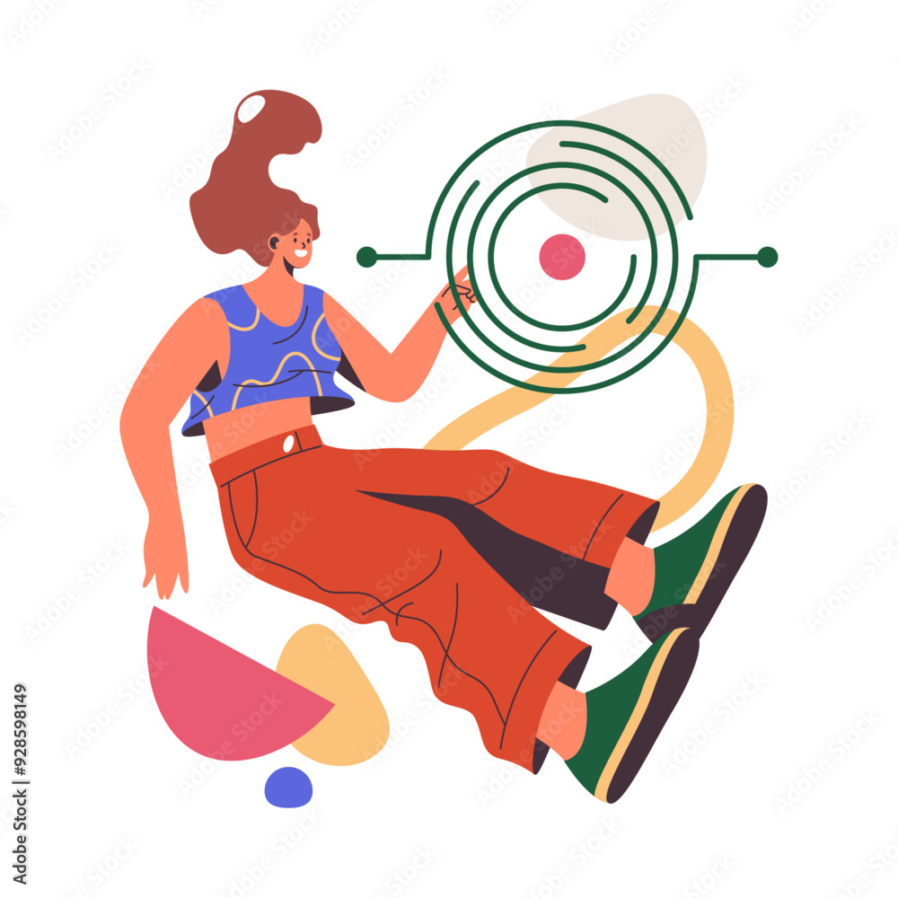 Poster female character tapping on screen of device or gadget, flat cartoon vector illustration. isolated w