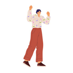 Man personage expressing delight and joy raising hands up, flat cartoon vector illustration. Person celebrating accomplishment and excitement, happy male character shouting and smiling