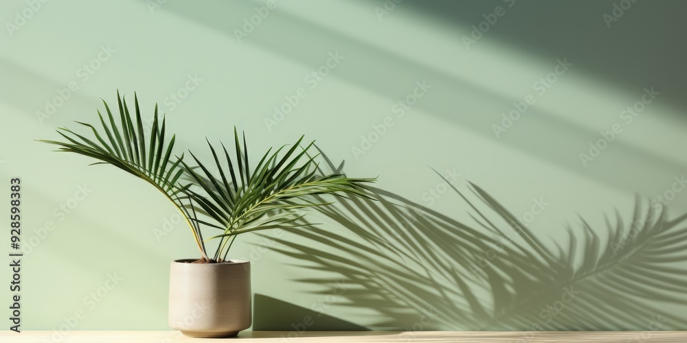 Canvas Prints a potted palm tree with green leaves casts a shadow against a green wall