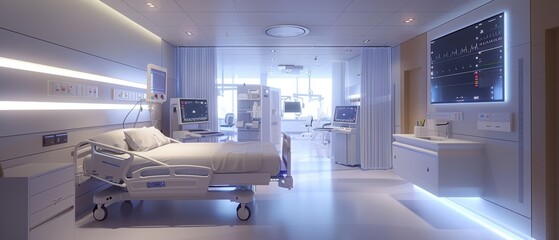 Futuristic Smart Hospital Ward with Monitors and Advanced Patient Care Technology