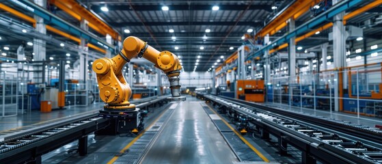 Fototapeta premium Futuristic High-Tech Factory with Smart Manufacturing Systems and Monitoring Screens