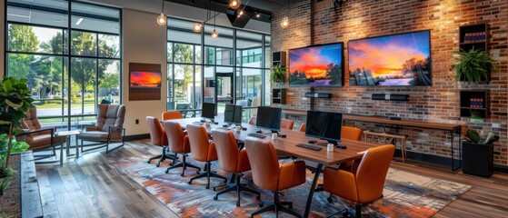 Obraz premium Futuristic Office Suite Equipped with Cutting-Edge Technology and Screens