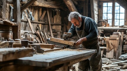 A man working on a piece of wood in an old building, AI