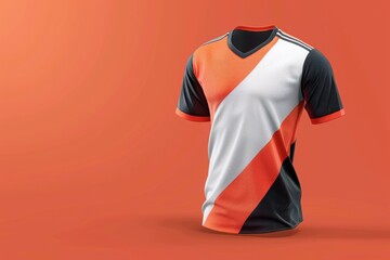 A soccer jersey with orange, white, and black stripes on a bright orange background