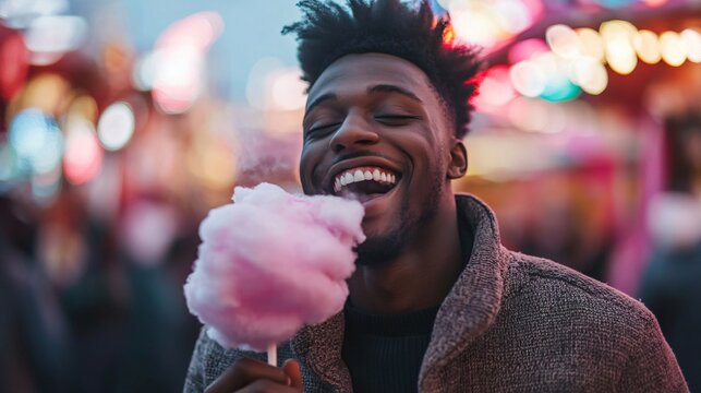 Joyful young man enjoying cotton candy at funfair