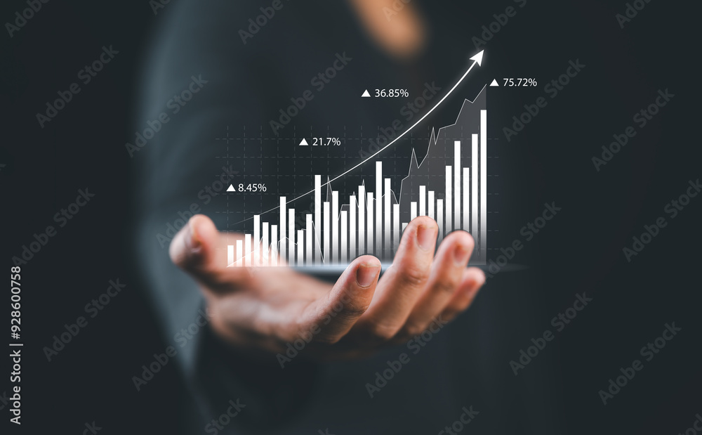 Aufkleber Businessman touching virtual screen and data statistical index graph, stock market data and stock exchange concept, stock market financial analysis graph.