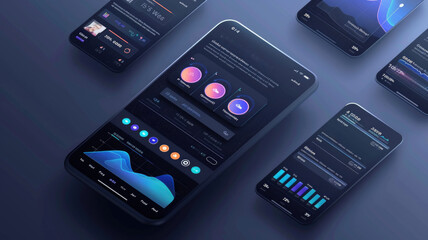 A mobile app dashboard with glassmorphism widgets and navigation elements, creating a clean and modern look