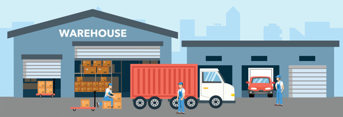 Warehouse industry vector art. Warehouse building illustration. Storehouse logistics vector stock. Storehouse beside garage truck delivery. Storehouse boxes. People work in warehouse. Warehouse worker